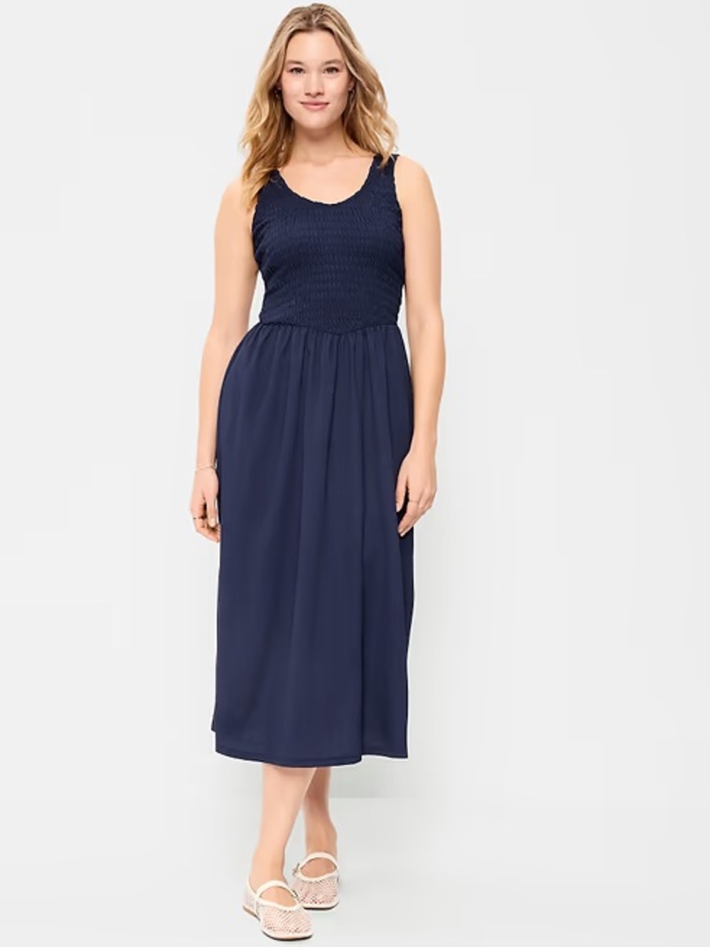 Old Navy Navy Blue Smocked Midi Dress XL Sleeveless Scoop Neck Cottage core
